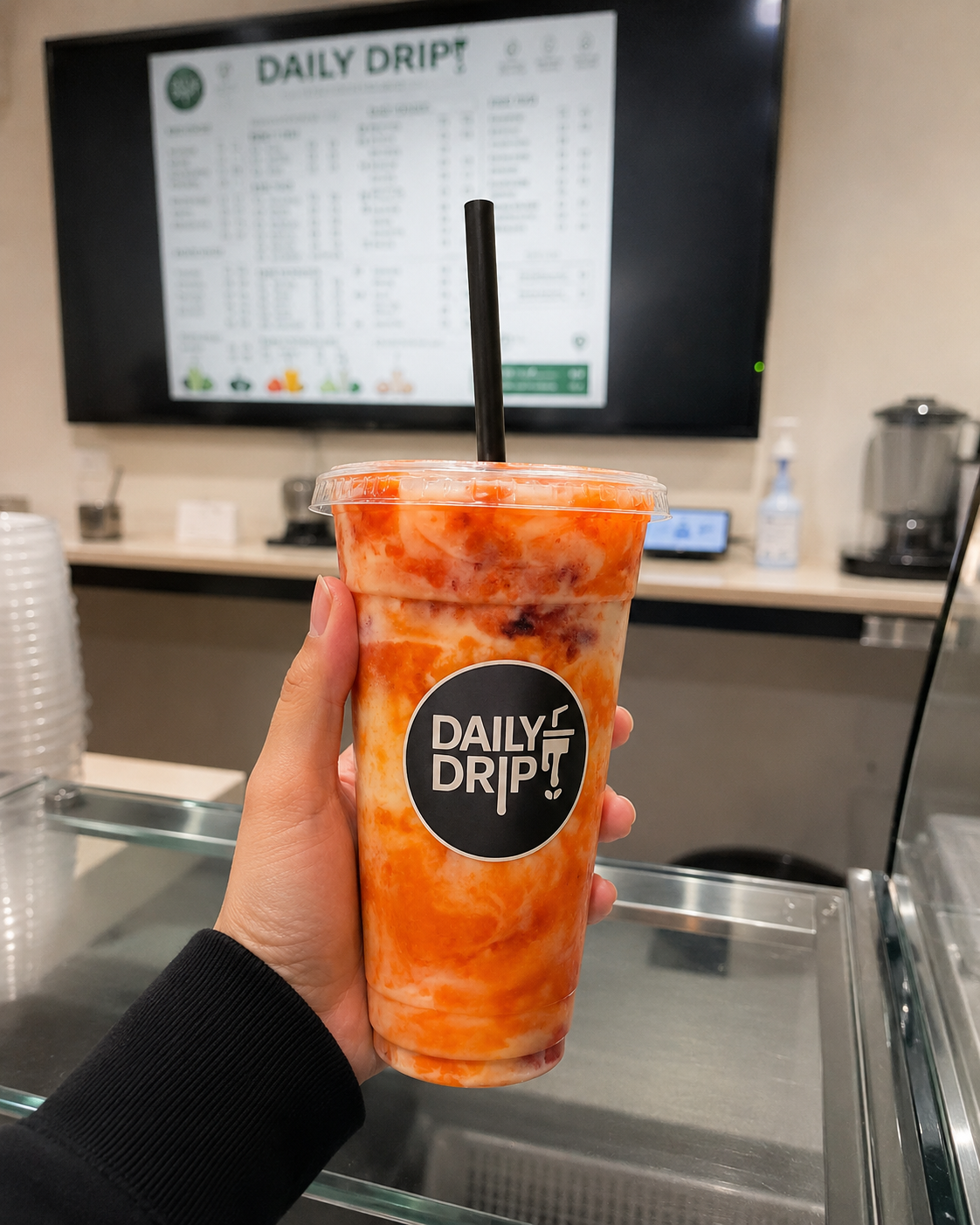 A freshly made drink held at the counter